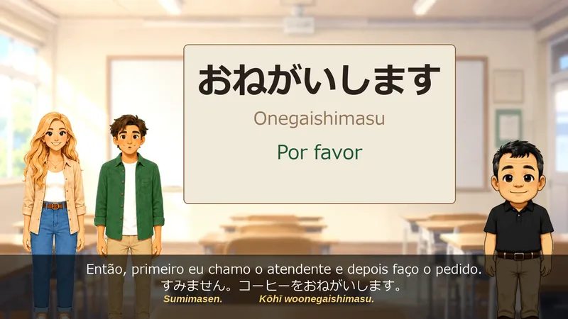 Vídeo-aula real na sala: すみません。コーヒーをおねがいします。
